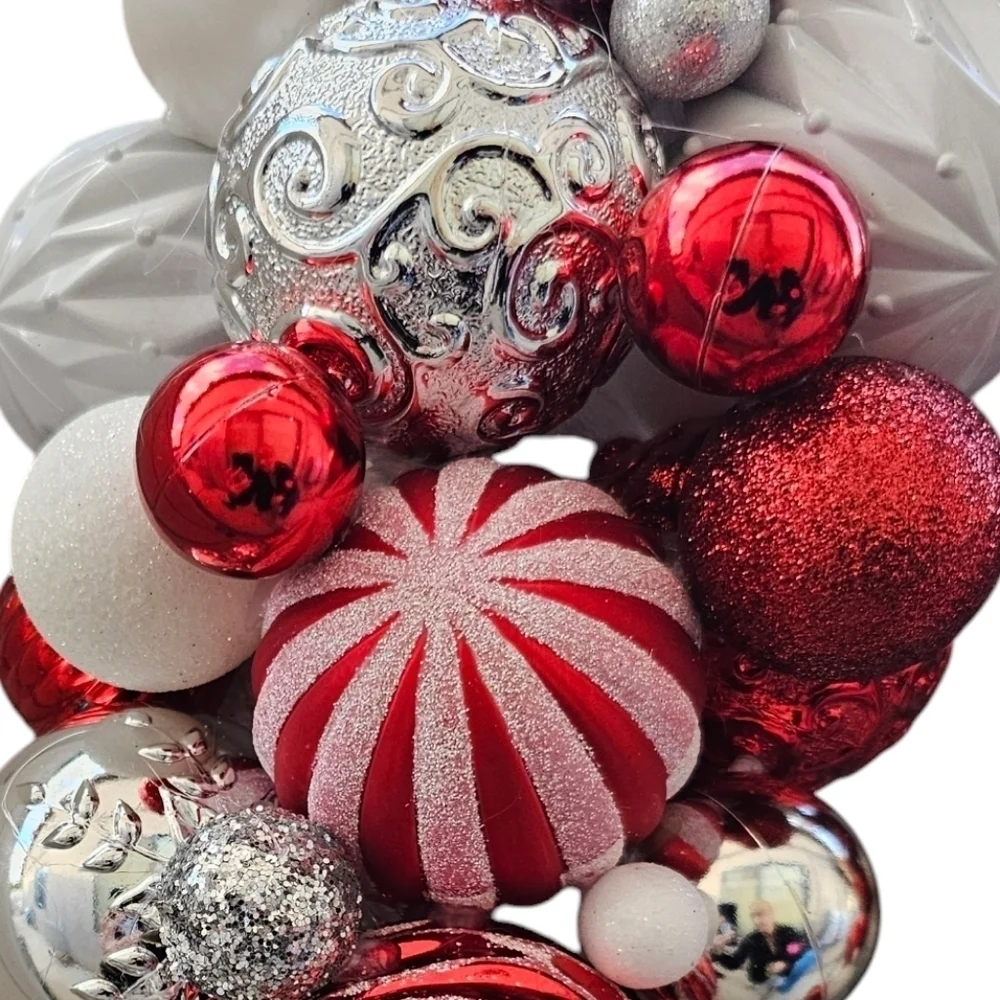 Handmade Christmas Ornament Candy Cane Wreath. Red and white holiday decor